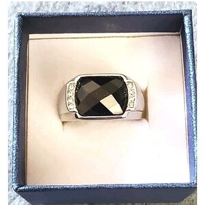Men's Black Onyx Australian Crystal Signet Band Ring in Stainless Steel